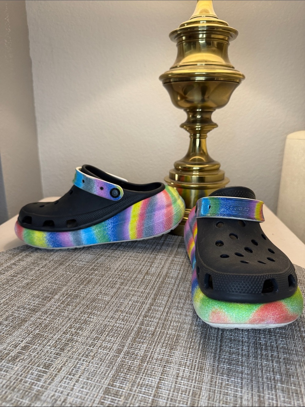 Iconic CROCS Comfort Black with Rainbow Tie-Dye Platform Clogs
